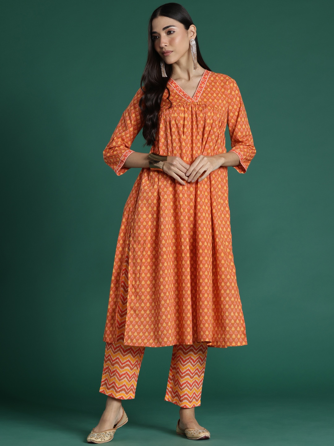 

Indo Era Printed Empire Pure Cotton Kurta with Trousers, Orange
