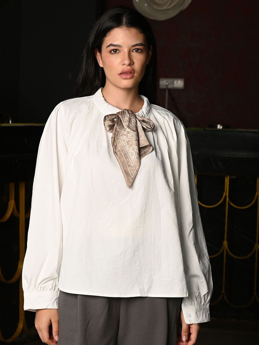 

ODETTE Women White Cotton Patterned Top With Scarf