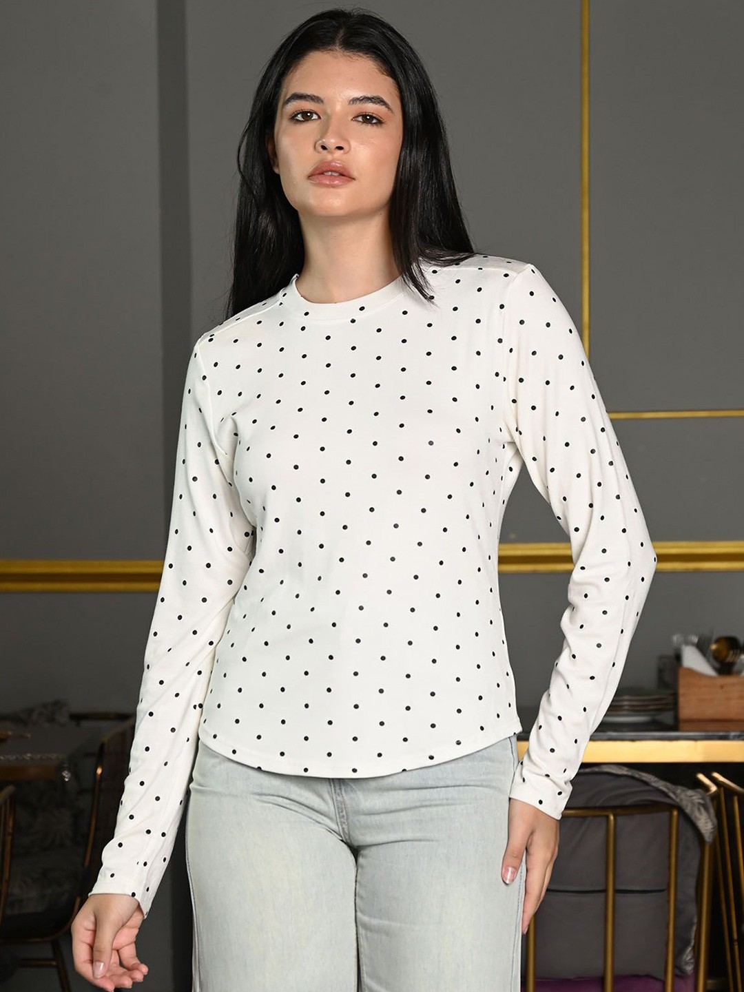 

ODETTE Women Polka Dots Print White Jersey Long Sleeves Cotton Top