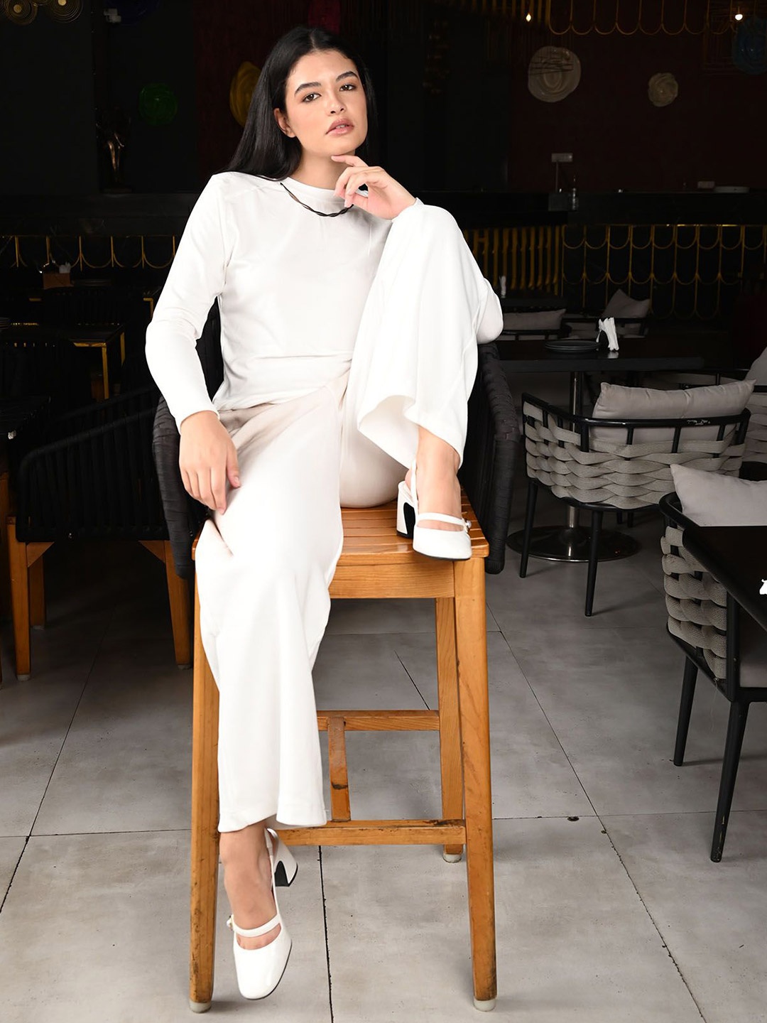 

ODETTE Jersey Embellished Full Sleeves Top, White