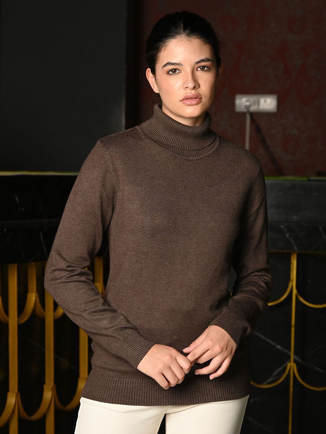 

ODETTE Knit High Neck Full Sleeves Solid Top For Women, Brown
