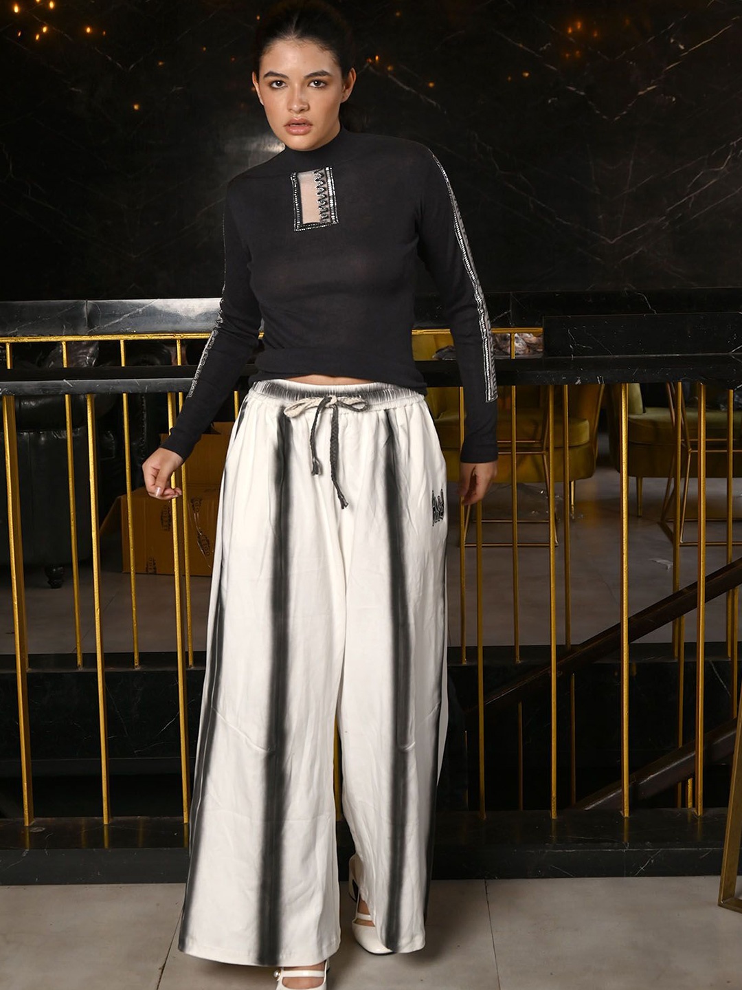 

ODETTE Ribbed Jersey Embellished Full Sleeves Top For Women, Charcoal
