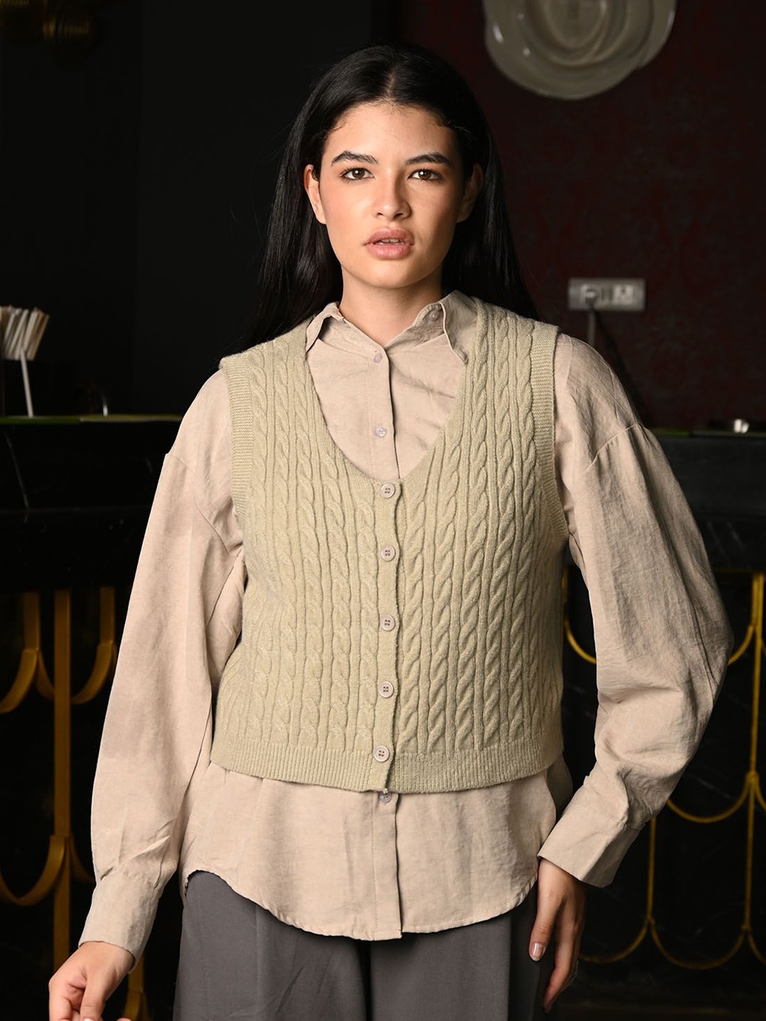 

ODETTE Polyester Shirt With Ribbed Cotton Outer For Women, Beige