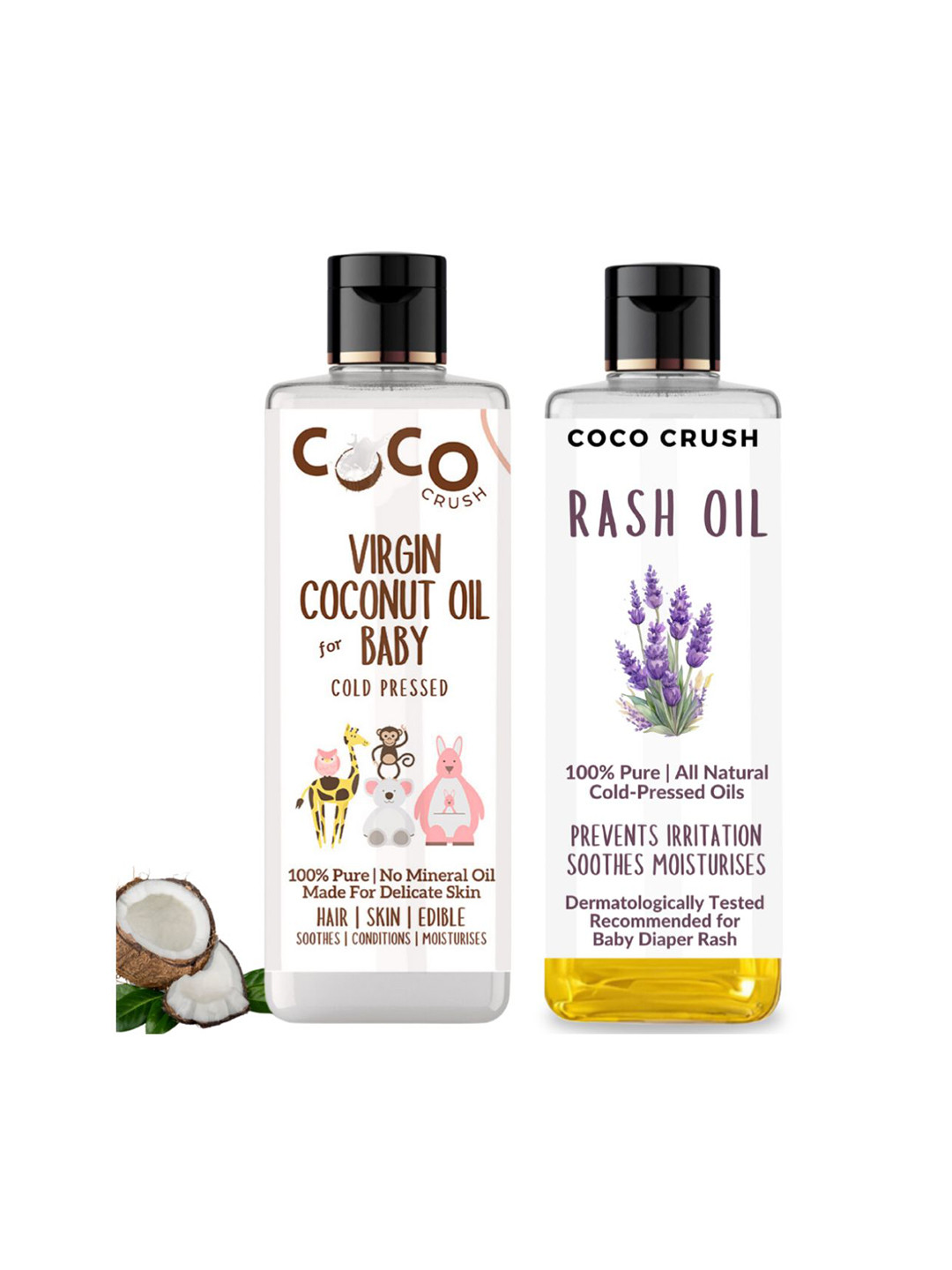 

Coco Crush Set Of 2 Natural & Virgin Coconut Oil- 50 ml & Rash Oil For Babies- 100 ml, Transparent