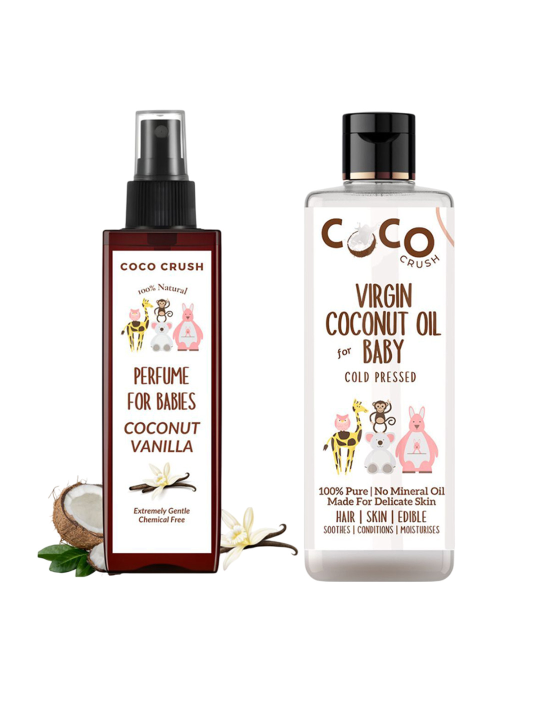 

Coco Crush Set Of 2 Natural & Virgin Coconut Oil 100 ml & Gentle Perfume For Babies- 50 ml, Transparent
