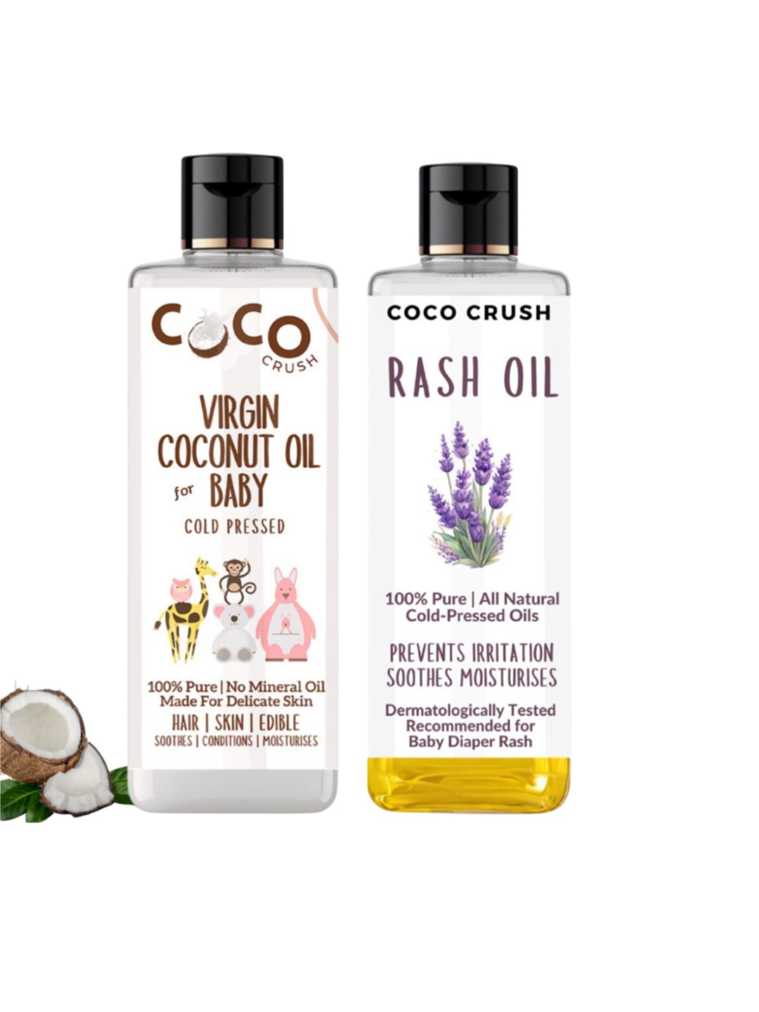 

Coco Crush Set Of 2 Natural & Virgin Coconut Oil -100 ml & Rash Oil For Babies- 200 ml, Transparent
