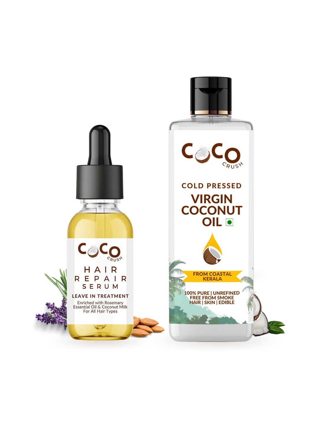 

Coco Crush Set Of 2 Cold Pressed Virgin Coconut Oil -100 ml & Hair Growth Serum -15 ml, Transparent