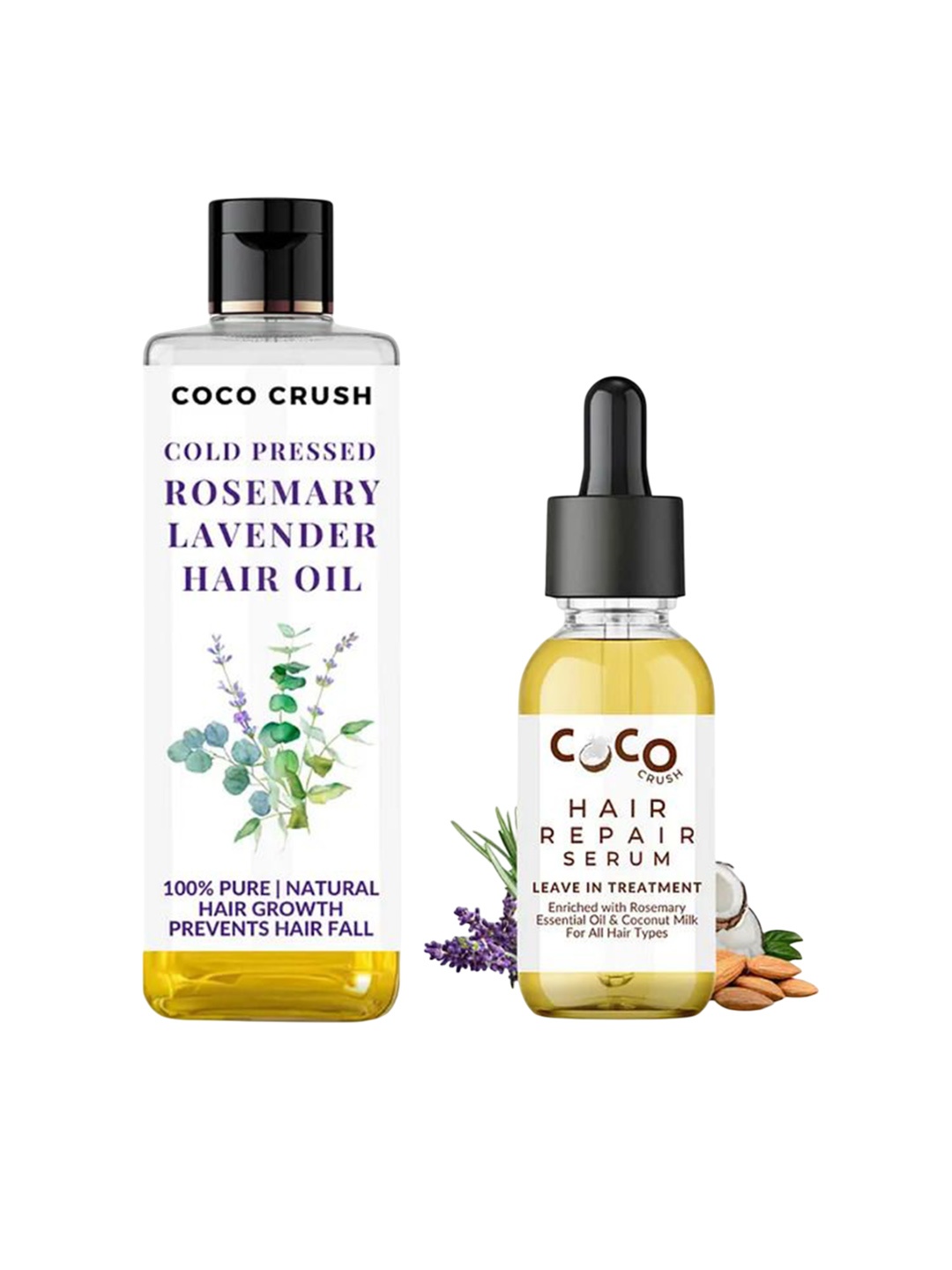 

Coco Crush Set Of 2 Rosemary Lavender Hair Oil- 100ml & Leave In Hair Repair Serum- 15ml, Transparent