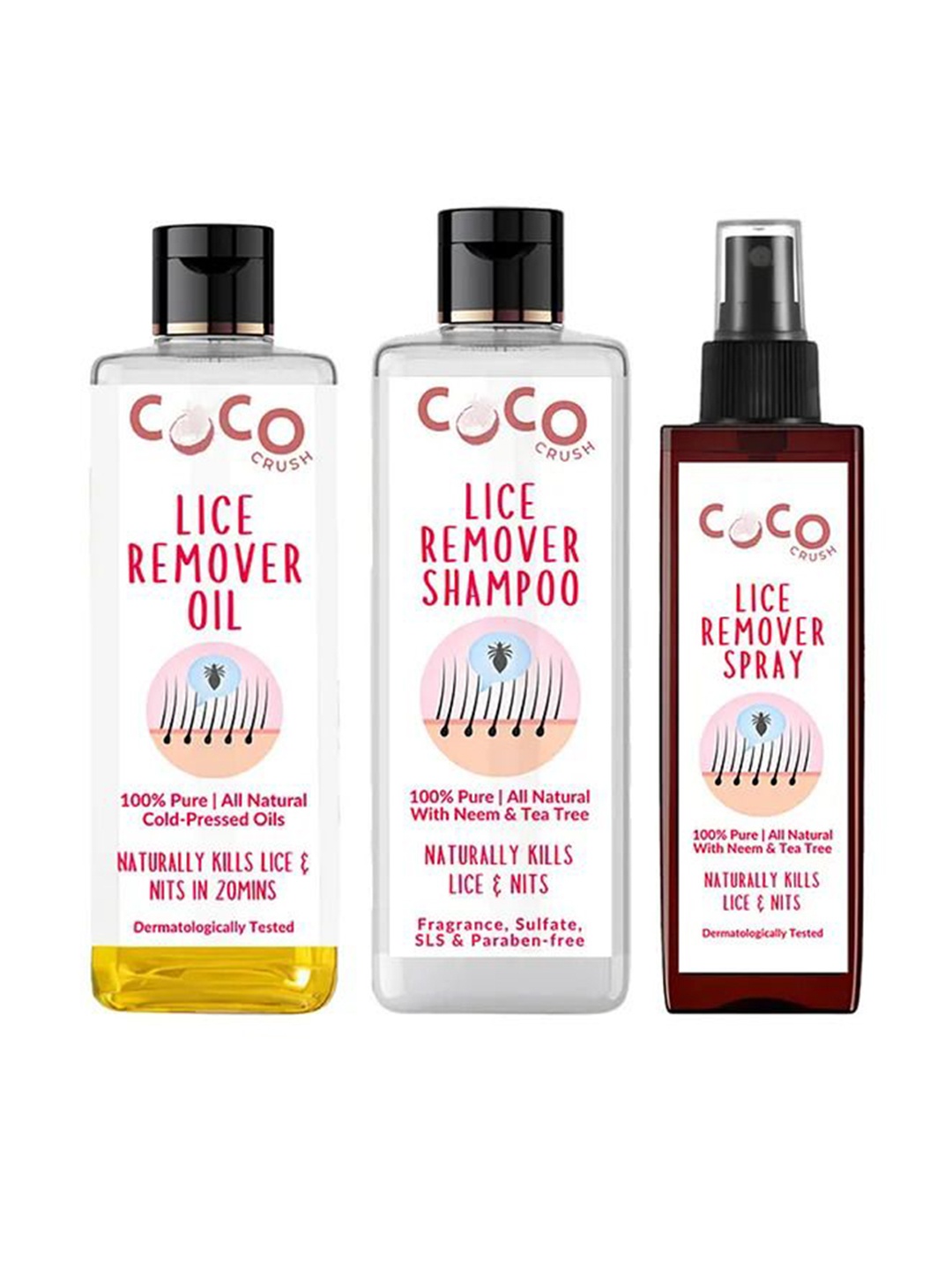 

Coco Crush Set Of 3 Lice Remover Oil, Shampoo & Spray - 100 ml Each, Yellow