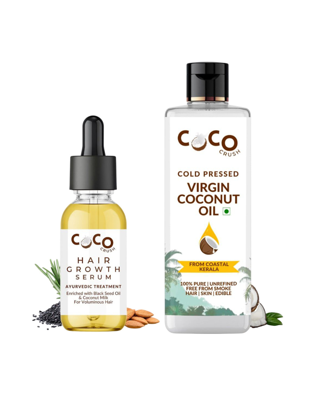 

Coco Crush Set Of 2 Cold Pressed Virgin Coconut Oil- 50 ml & Hair Growth Serum-30 ml, Transparent