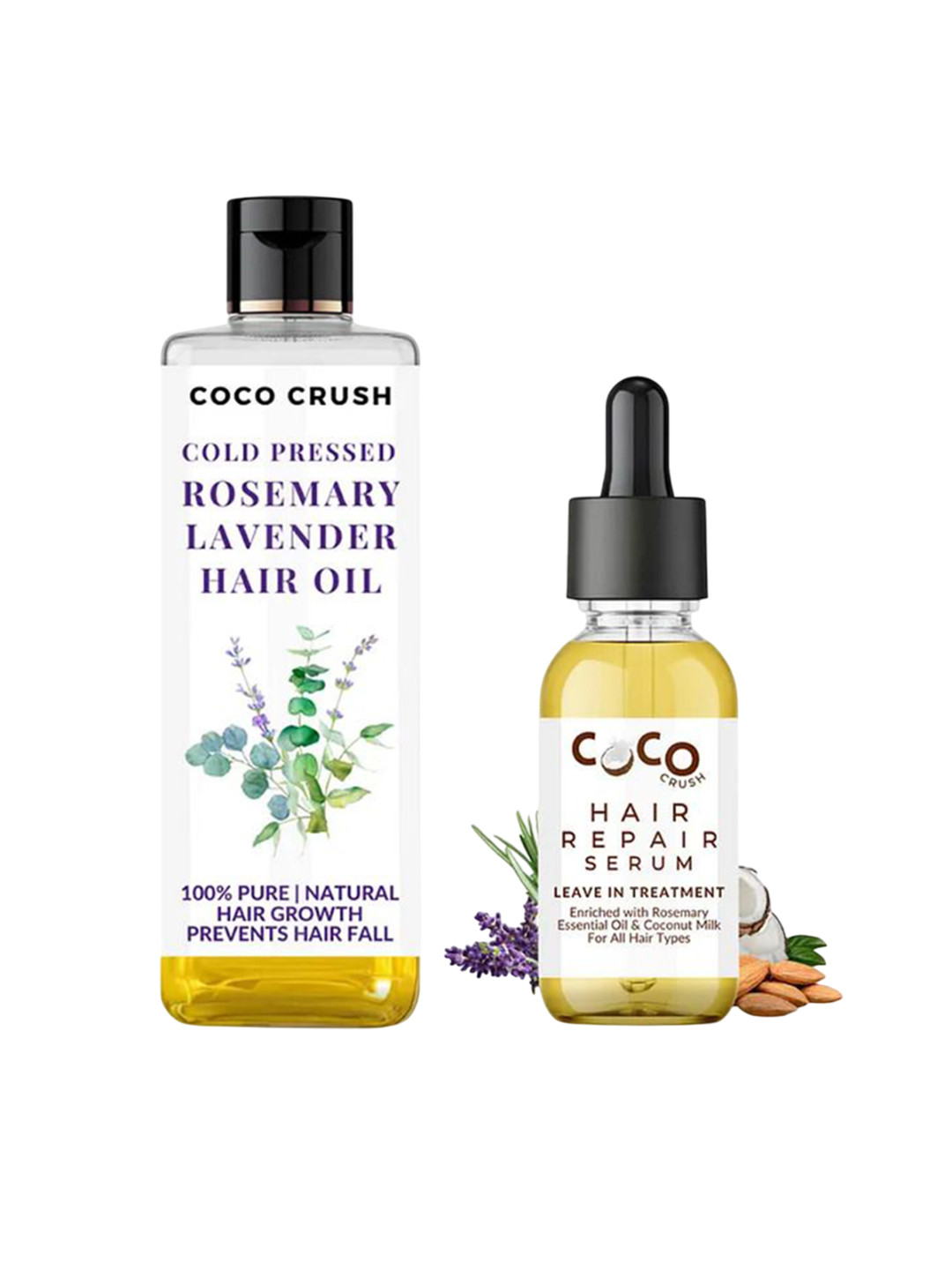 

Coco Crush Set Of 2 Rosemary Lavender Hair Oil-200 ml & Leave In Hair Repair Serum - 15 ml, Transparent