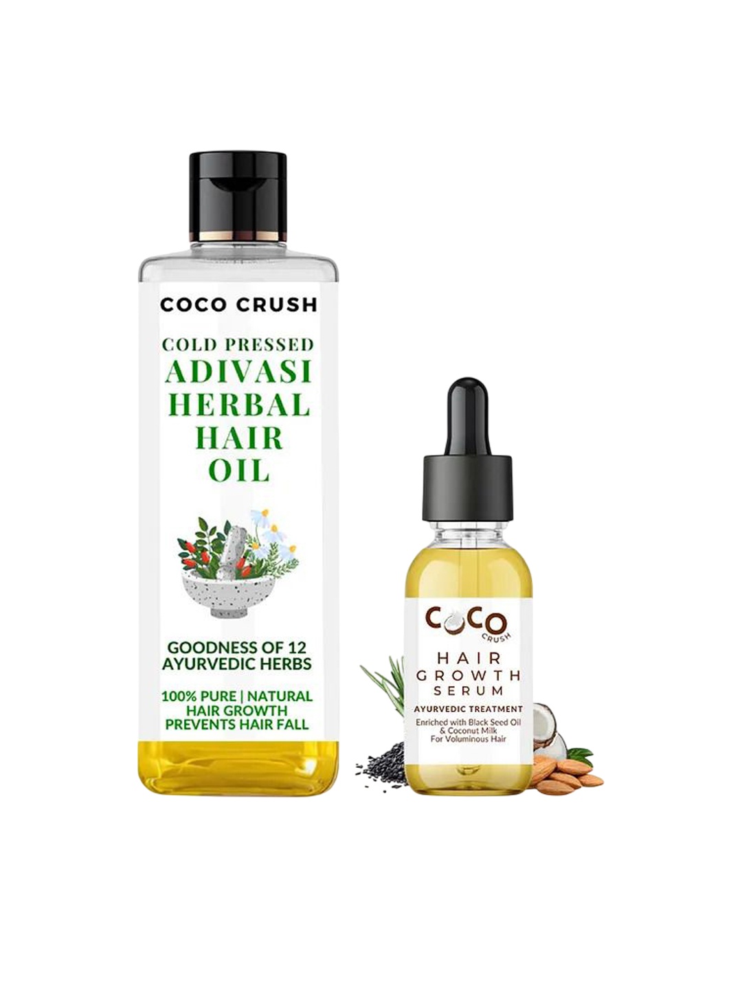 

Coco Crush Set Of 2 Cold Pressed Adivasi Herbal Hair Oil-100ml & Ayurvedic Hair Serum-15ml, Transparent