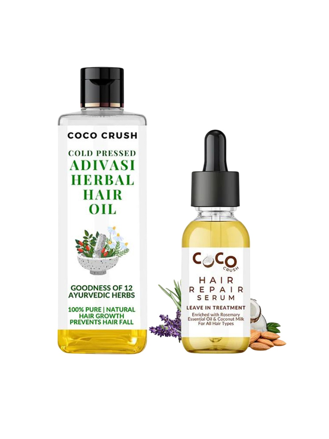

Coco Crush Set Of 2 Cold Pressed Adivasi Herbal Hair Oil- 100ml & Hair Repair Serum- 30ml, Transparent