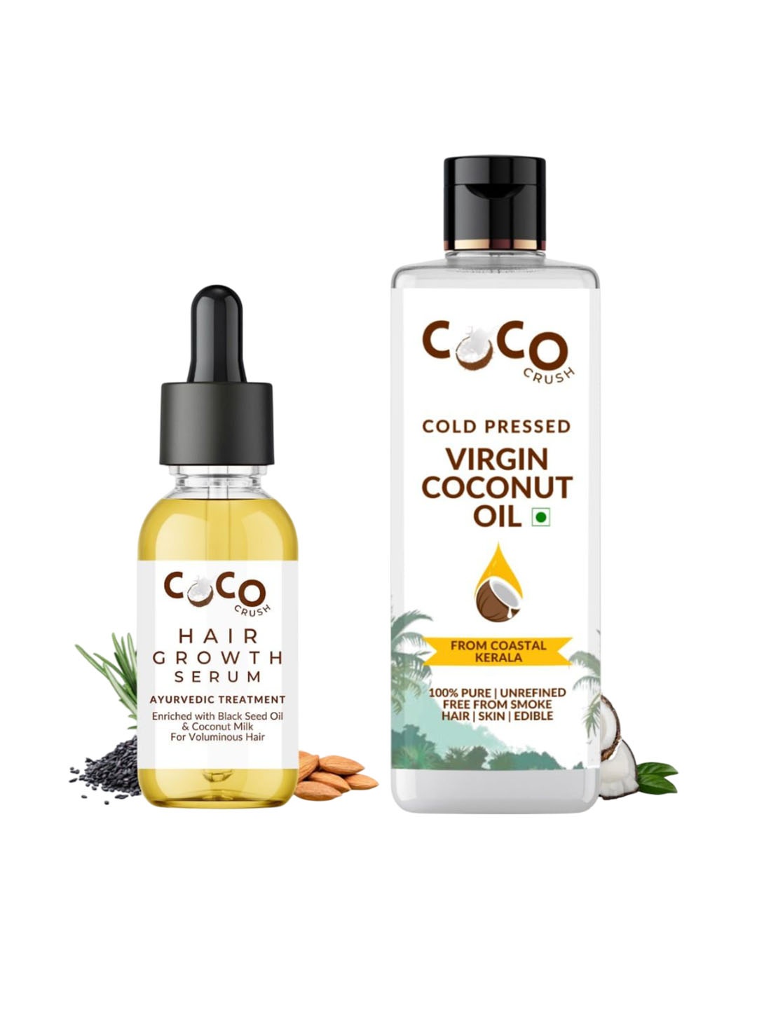 

Coco Crush Set Of 2 Cold Pressed Virgin Coconut Oil-50 ml & Hair Growth Serum-15 ml, Transparent