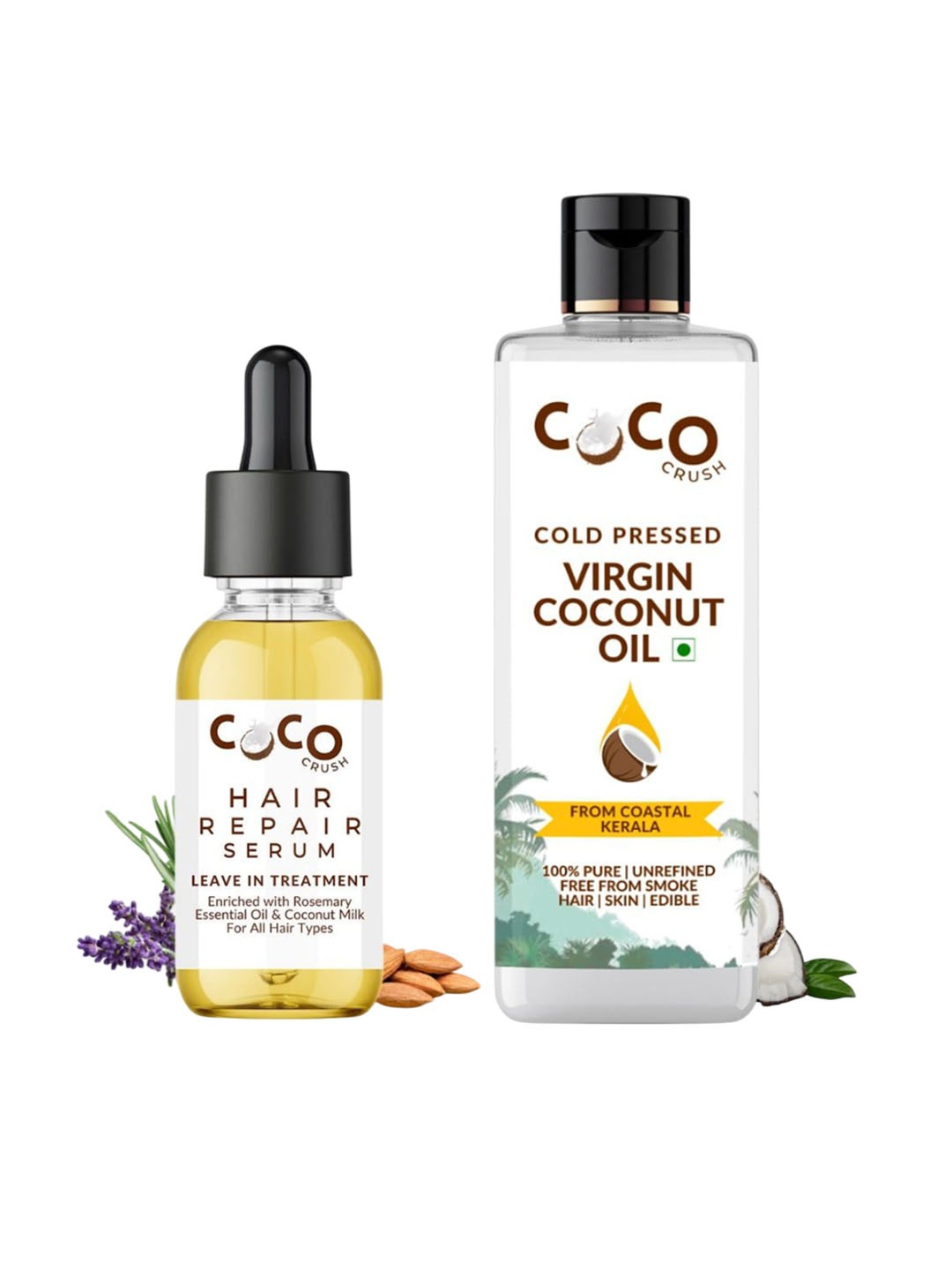 

Coco Crush Set Of 2 Cold Pressed Virgin Coconut Oil-50ml & Leave In Hair Repair Serum-30ml, Transparent