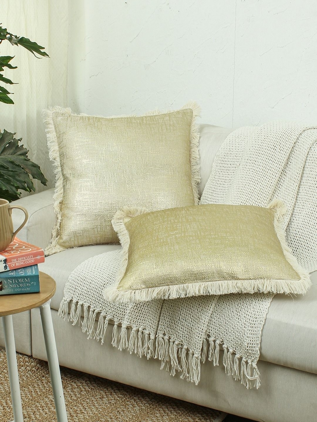 

House This Classic Texture Gold-Toned 2 Pieces Abstract Cotton Square Cushion Covers