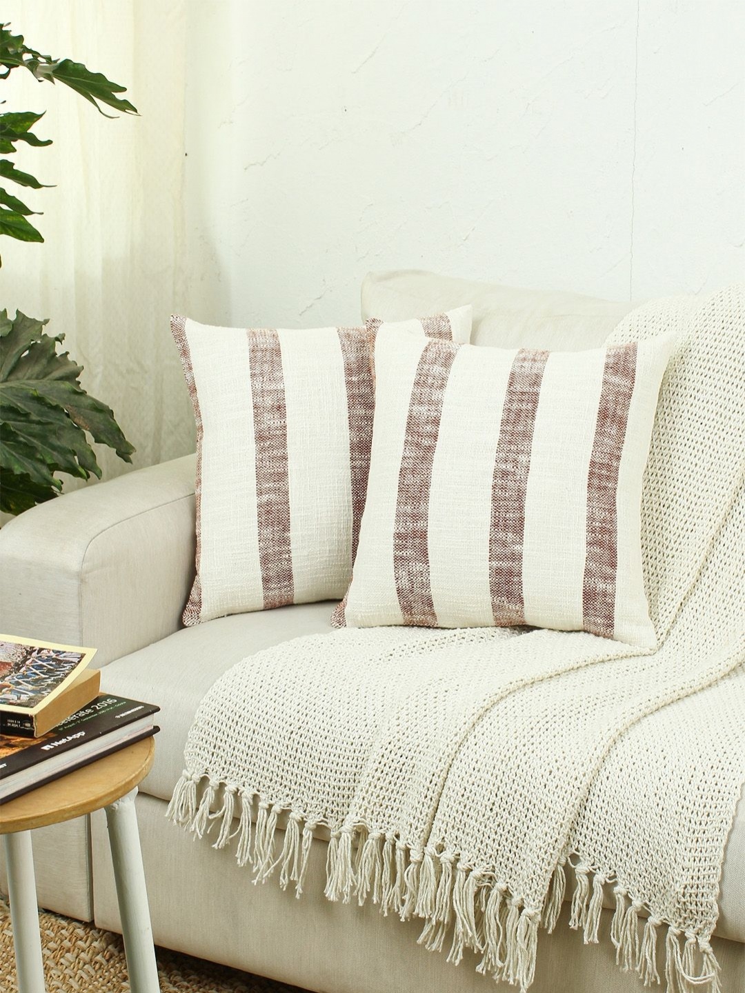 

House This Block Red & White 2 Pieces Striped Cotton Square Cushion Covers