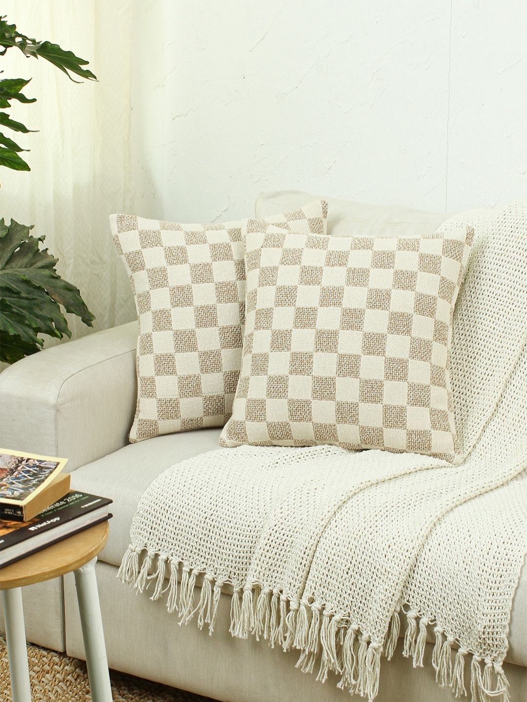 

House This Checkerboard Beige 2 Pieces Checked Cotton Square Cushion Covers