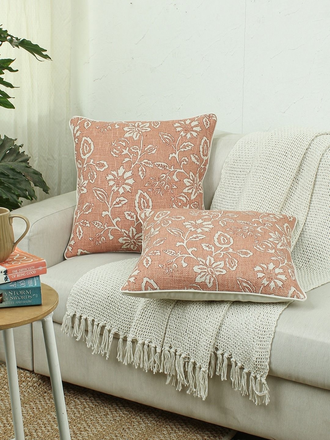 

House This Botanical Garden Rust & White 2 Pieces Floral Cotton Square Cushion Covers