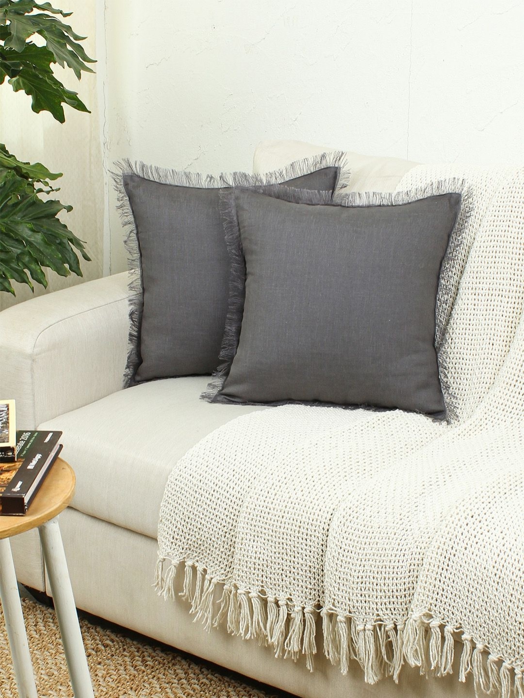 

House This Chaya Grey 2 Pieces Textured Cotton Square Cushion Covers