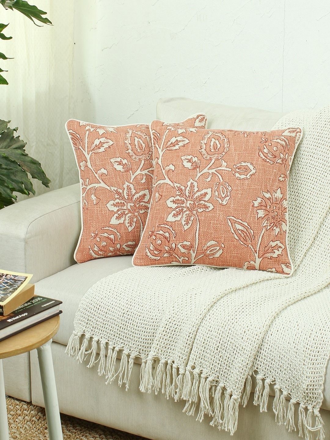 

House This Blooming Florals Rust 2 Pieces Floral Cotton Square Cushion Covers