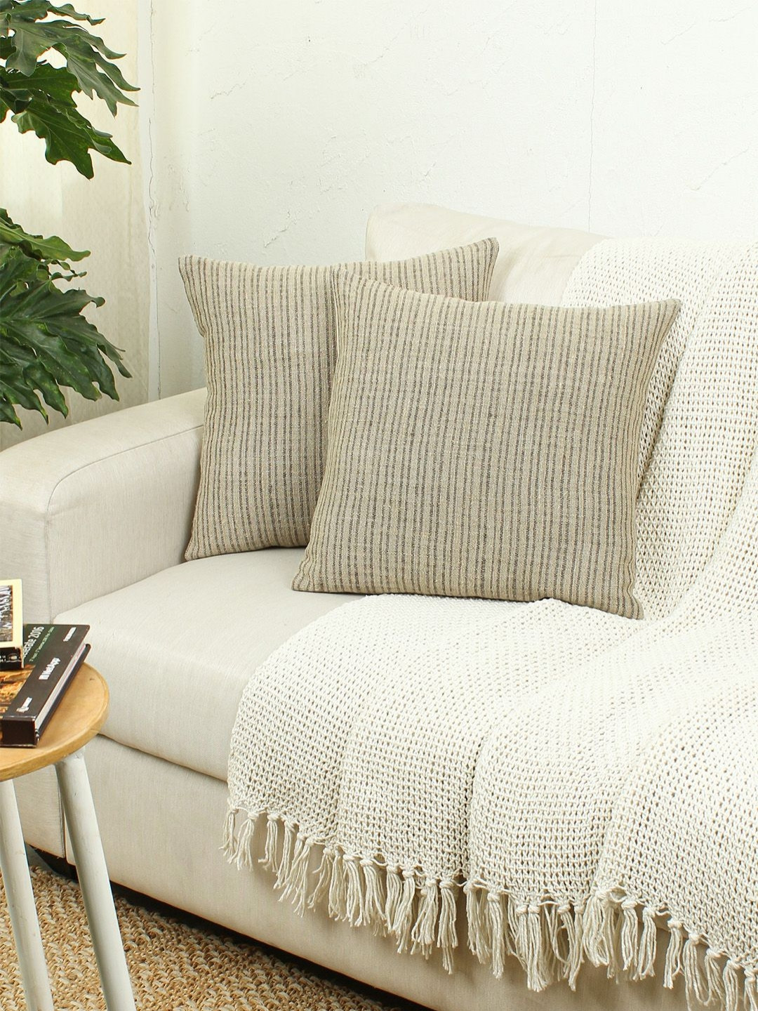 

House This Pinstripe Beige 2 Pieces Striped Cotton Square Cushion Covers