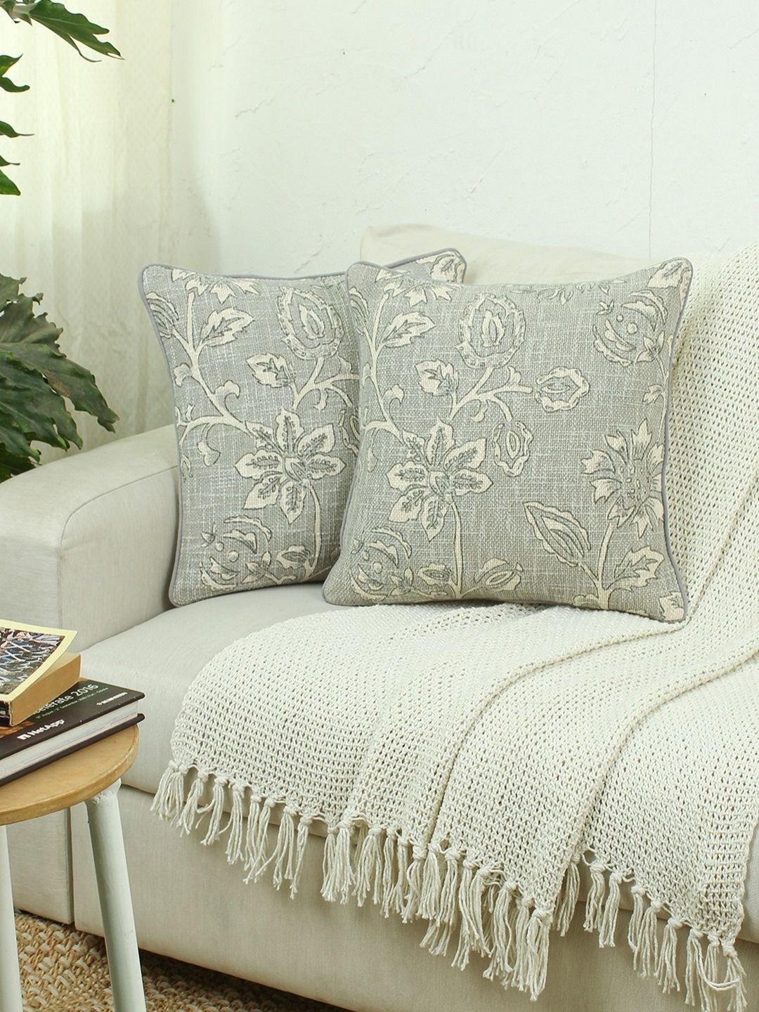 

House This Blooming Florals Grey & Beige 2 Pieces Floral Cotton Square Cushion Covers