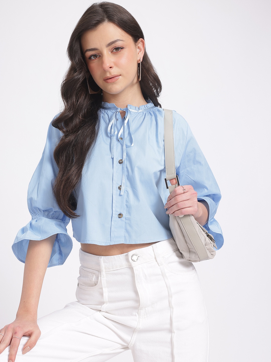 

glitchez Knot Chic Gathered Crop Shirt Style Top, Blue