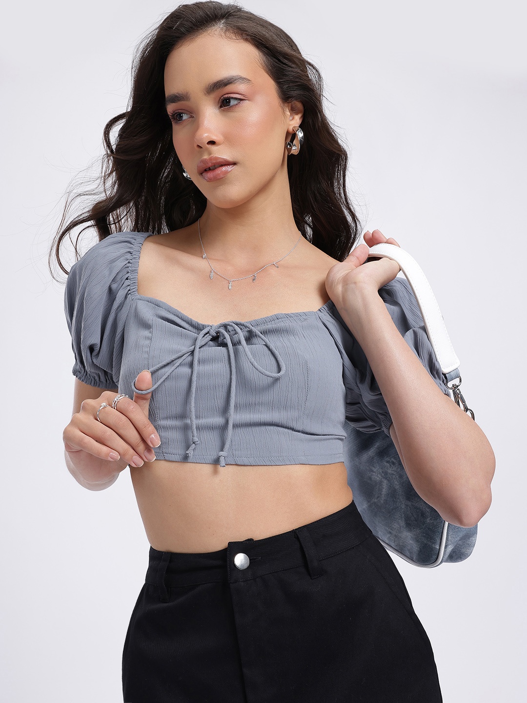 

glitchez Bow Love Crinkled Smocked Fitted Crop Top, Grey