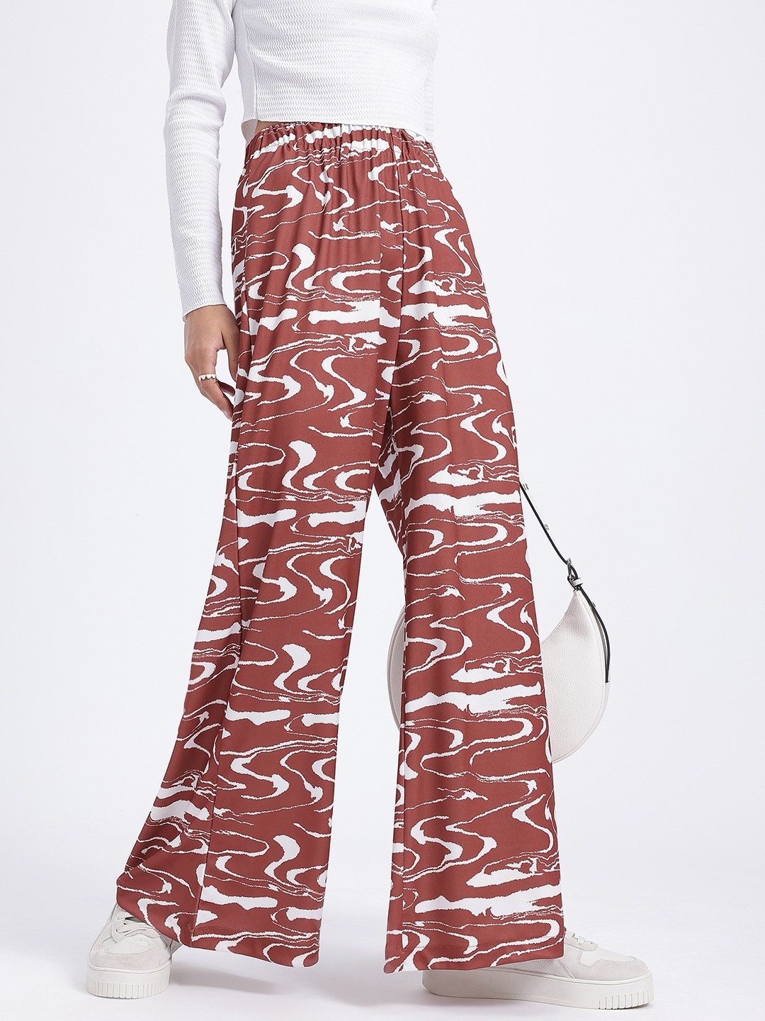 

glitchez Women Vivid Flare Abstract Print Trousers, Rust