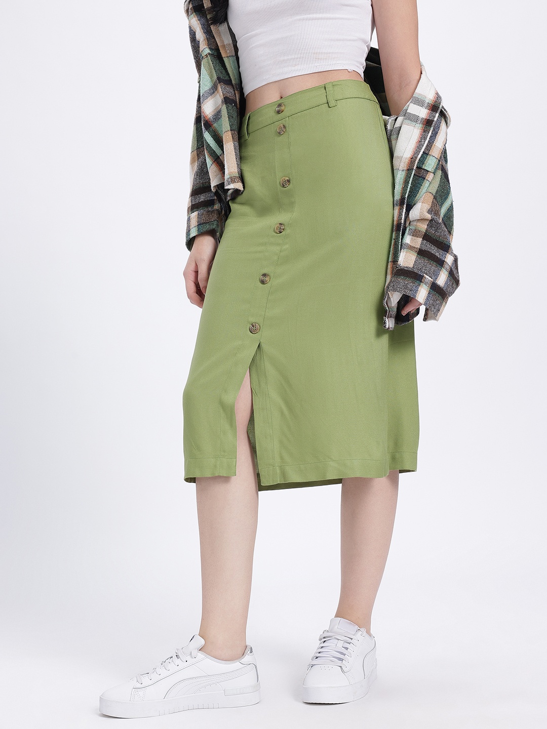 

glitchez Structured Slits Mock Buttons Midi Straight Skirt, Green