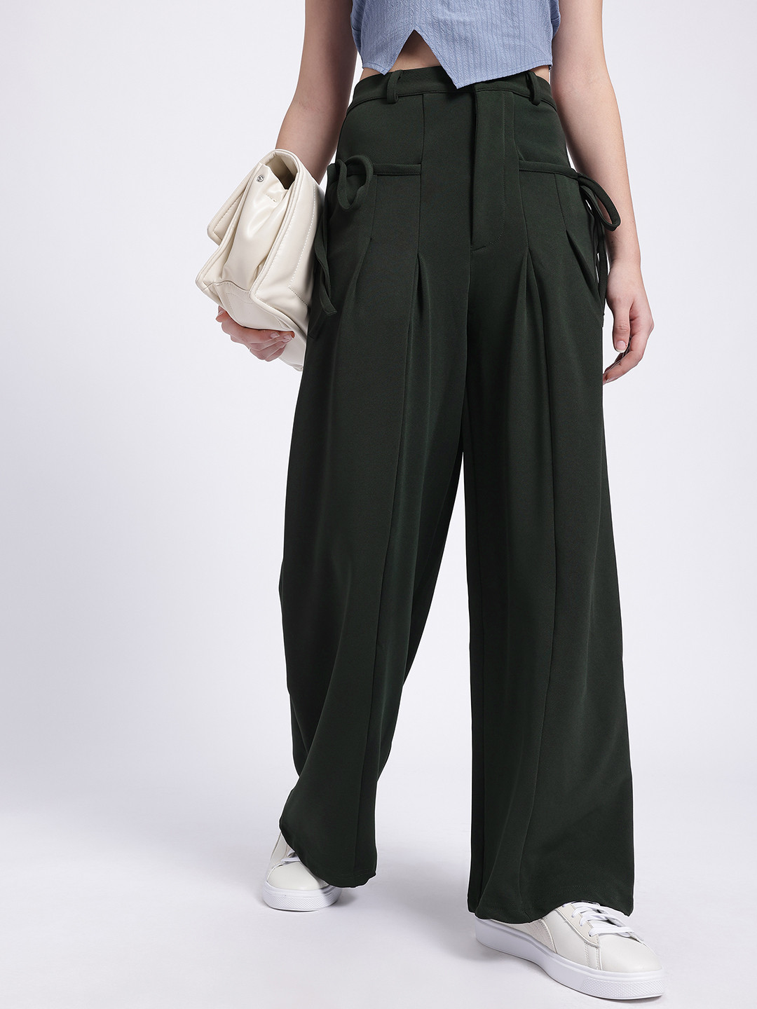 

glitchez Women Throwback Threads Pleated Tie-Up Flare Fit Trousers, Green