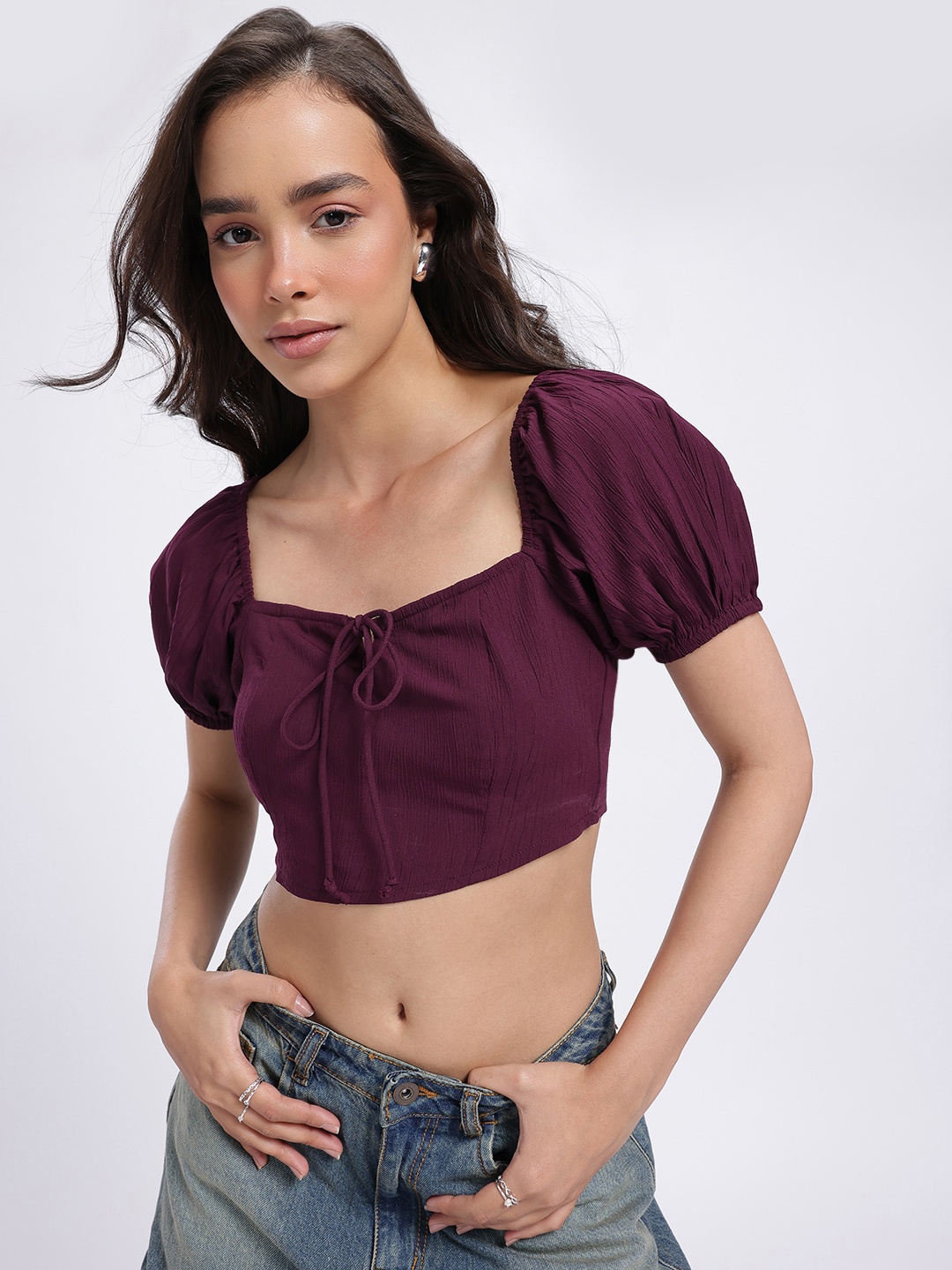 

glitchez Bold Smocked Bow Up Crinkled Fitted Crop Top, Burgundy