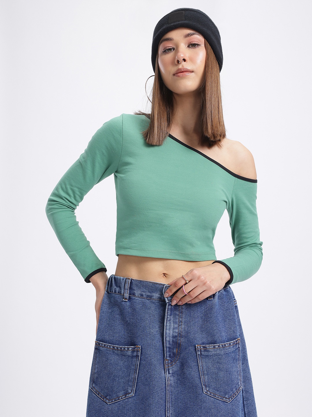 

glitchez Shoulder Swerve Slim Fit Crop Top, Green