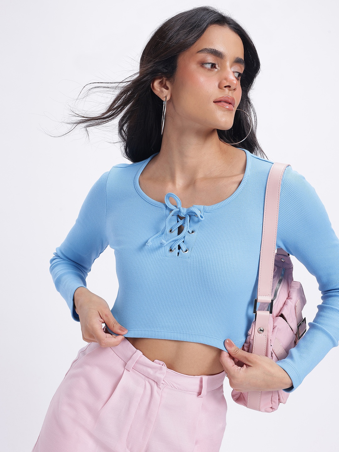 

glitchez Lace-Up Perfection Ribbed Fitted Crop Top, Blue