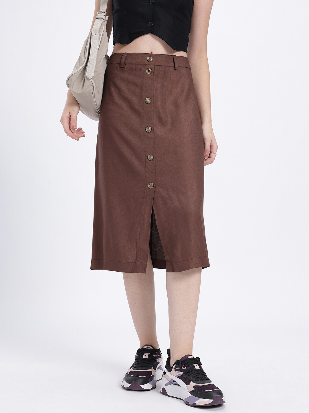 

glitchez Seamless Slits Mock Buttons Midi Straight Skirt, Brown