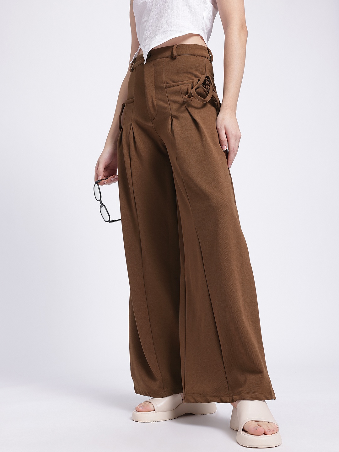 

glitchez Women Effortless Fit Pleated Tie-Up Flare Trousers, Brown