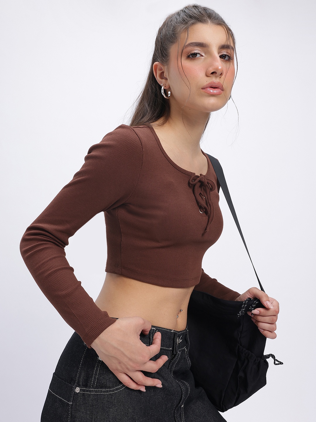 

glitchez Ribbed Chic Lace-Up Fitted Crop Top, Brown