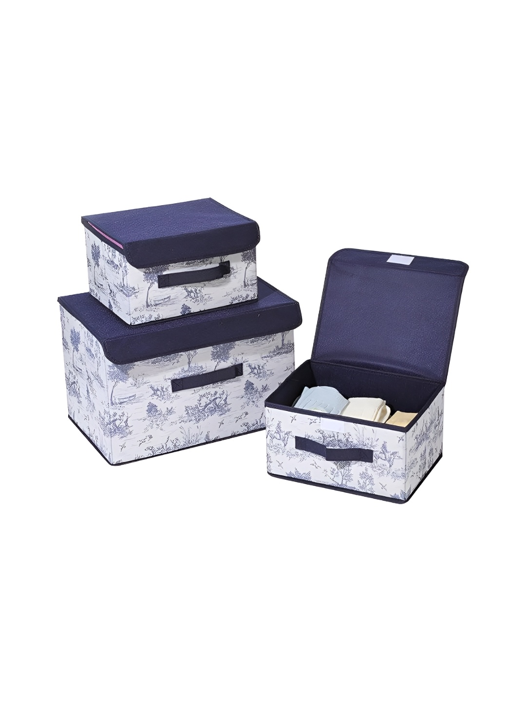 

HOUSE OF QUIRK Navy Blue & White 3 Pieces Printed Multi-Utility Organisers with Lid