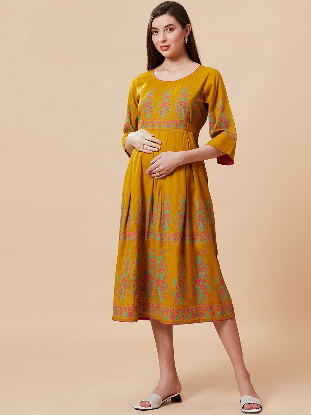

Jeff co-op Floral Printed Maternity A-Line Ethnic Dress, Olive