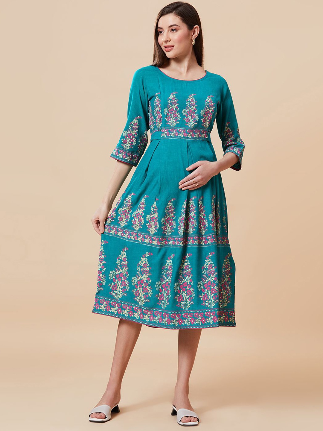 

Jeff co-op Floral Printed Maternity A-Line Ethnic Dress, Turquoise blue