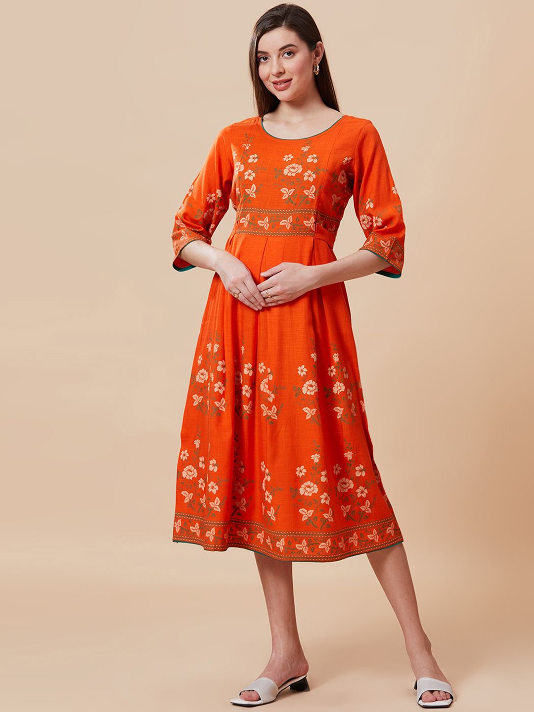 

Jeff co-op Floral Printed Maternity A-Line Ethnic Dress, Orange