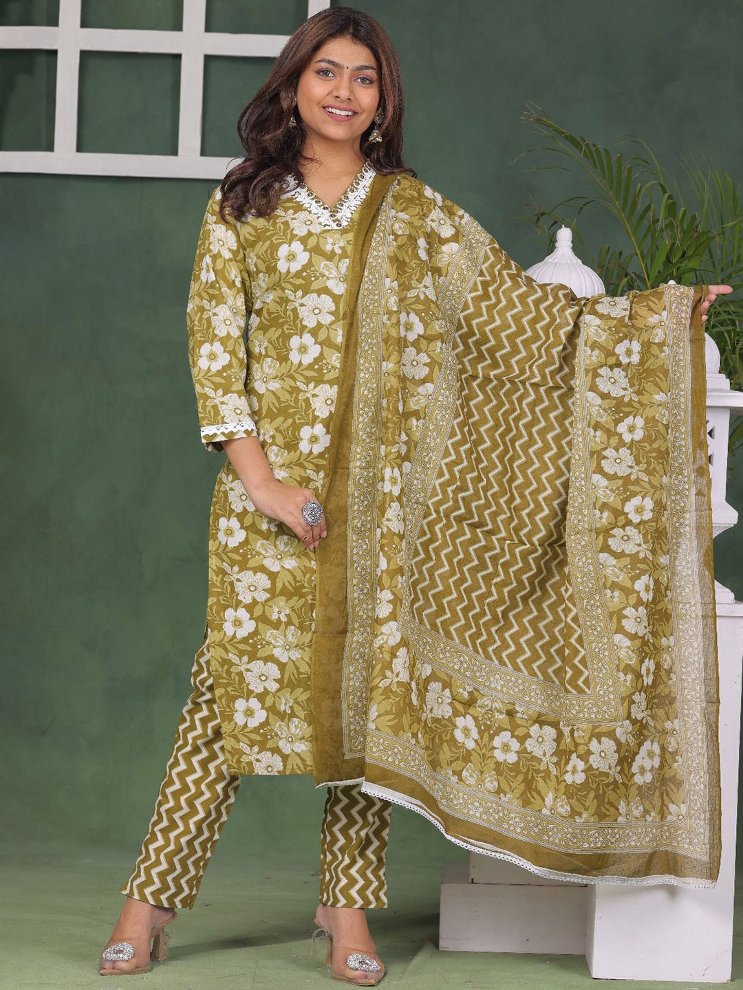 

KALINI Floral Printed V-Neck Pure Cotton A-Line Kurta With Trousers & Dupatta, Green