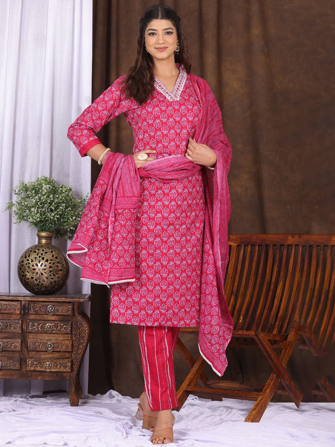 

KALINI Floral Printed Pure Cotton Straight Kurta with Trousers & Dupatta, Pink