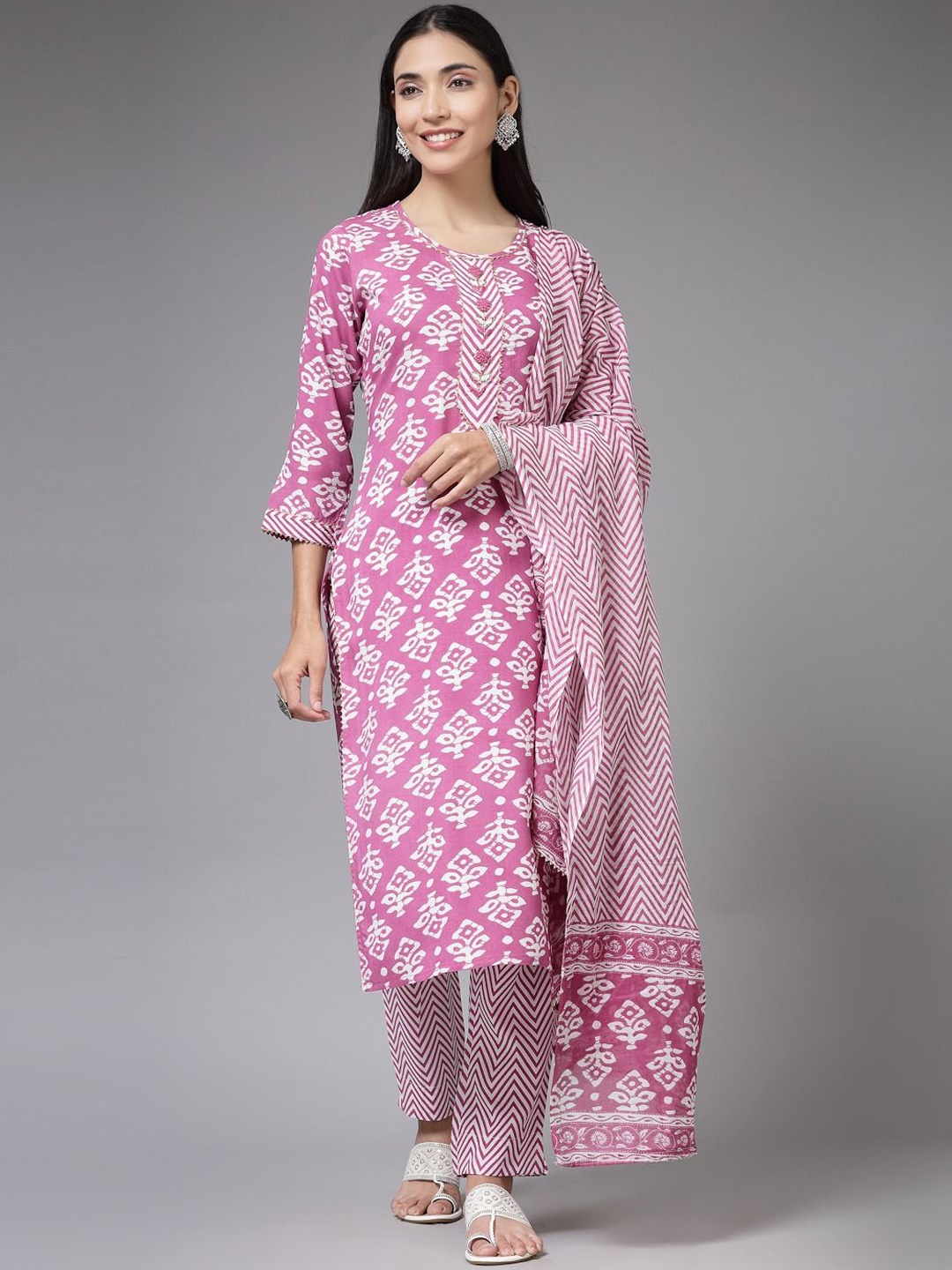 

KALINI Floral Printed Round Neck A-Line Kurta With Trousers & Dupatta, Pink