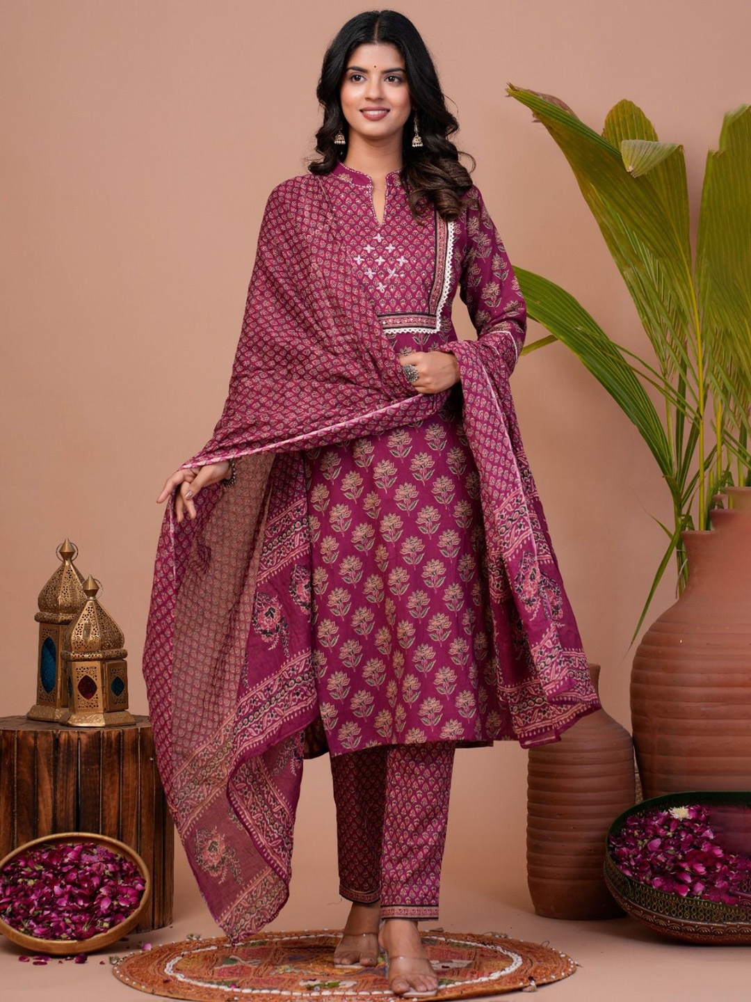 

KALINI Floral Printed Pure Cotton A-Line Kurta with Trousers & Dupatta, Purple
