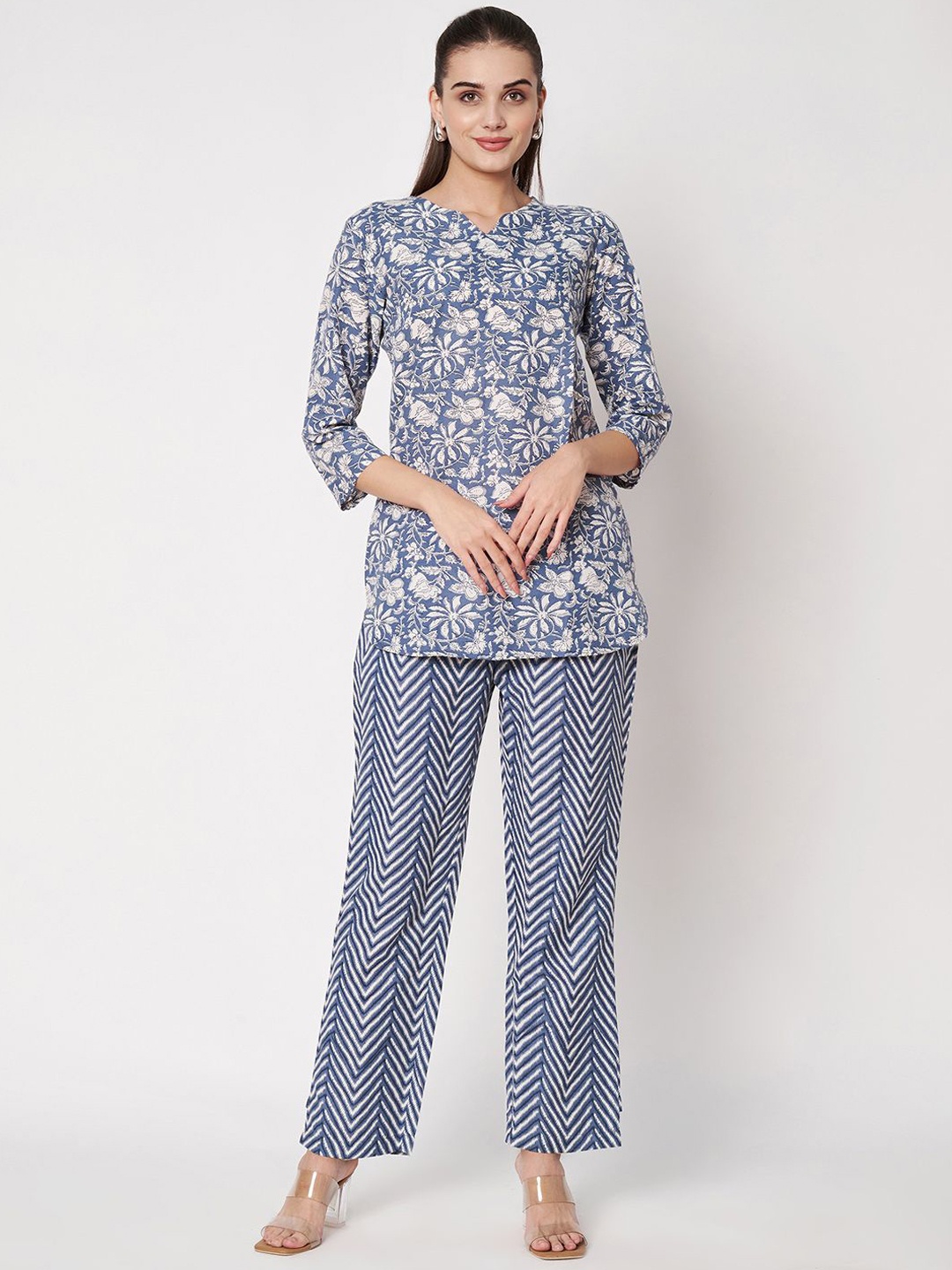 

Fbella Pure Cotton Floral Printed Tunic With Trouser, Blue