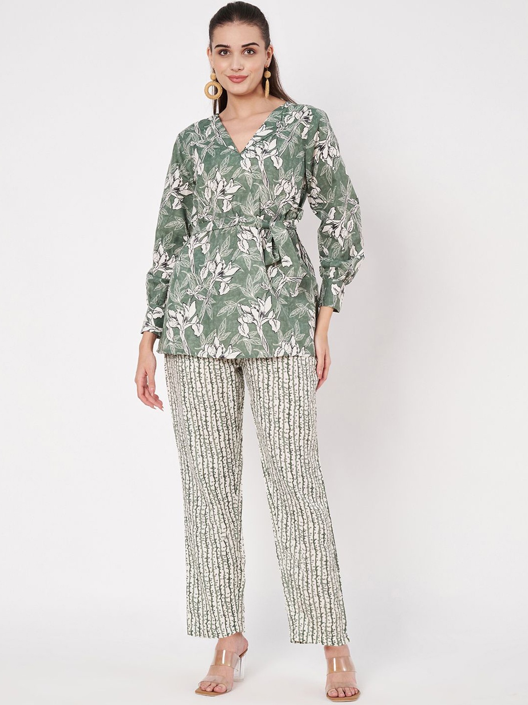 

Fbella V-Neck Floral Printed Cotton Top With Trouser, Green