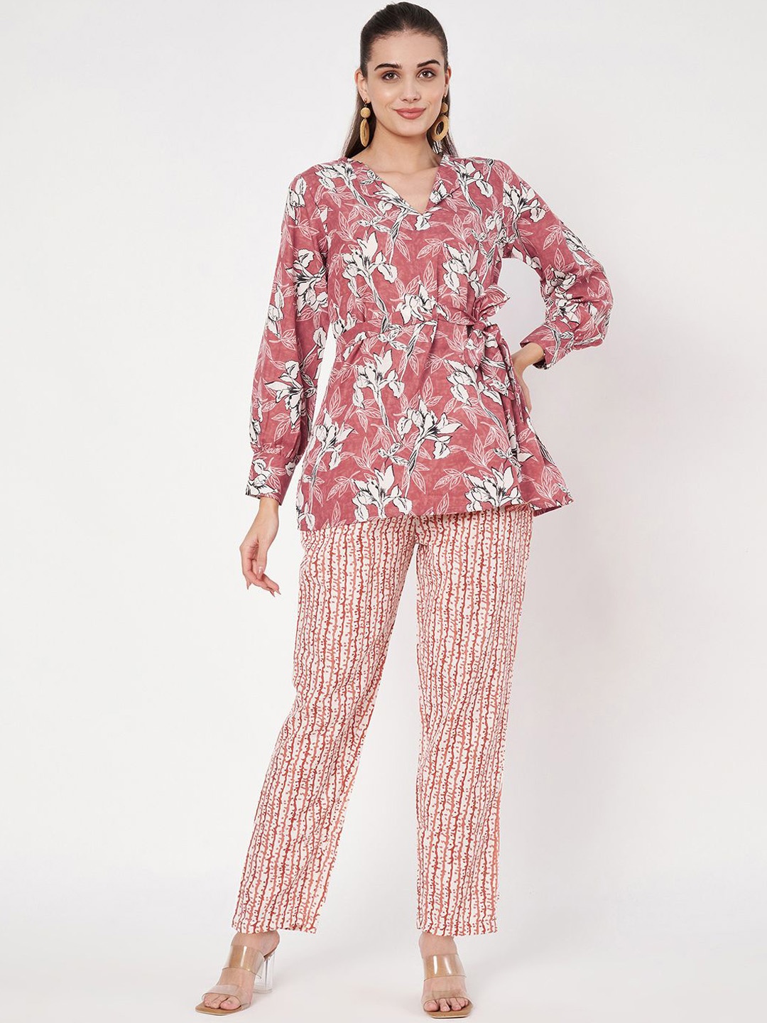 

Fbella Floral Printed Cotton Tunic & Trousers, Peach