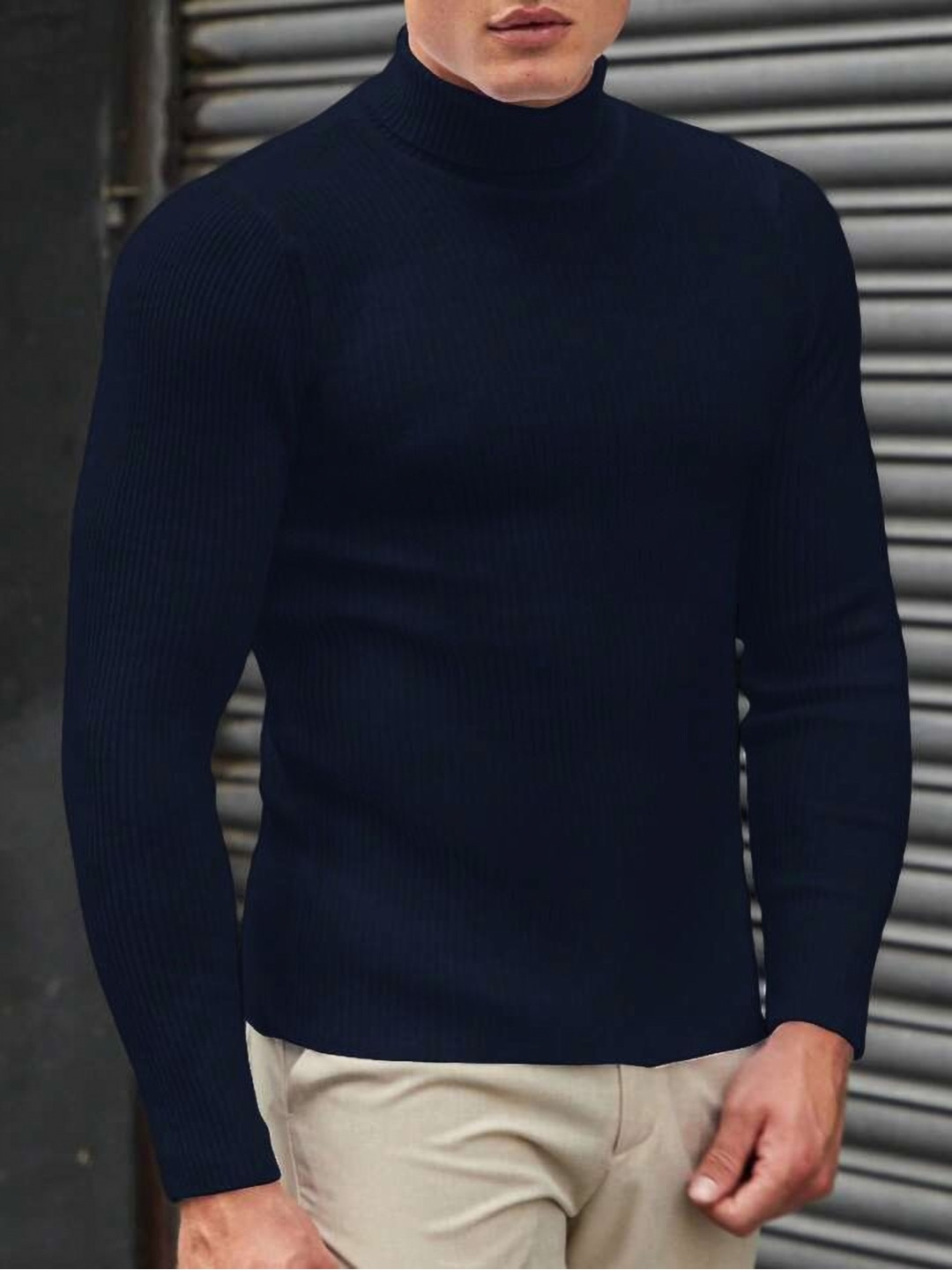 

The Dry State Men Self Design Turtle Neck T-shirt, Navy blue